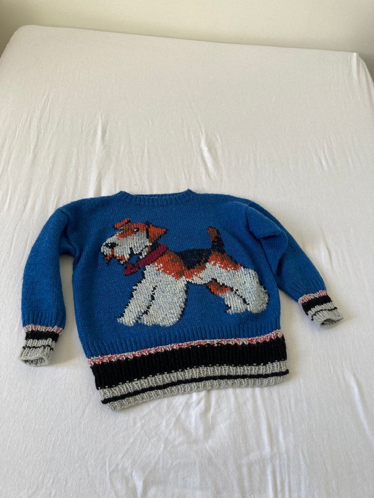 Sur un fond blanc, un pull de laine bleue foncé. En son centre le motif d’un chien debout au pelage clair et tacheté de marron et noire. Le chien porte un collier au bout duquel est suspendu un coeur. Le bout des manches et le bas du pull sont tricotés dans de la laine plus clairee qui rappelle les couleurs du chien.