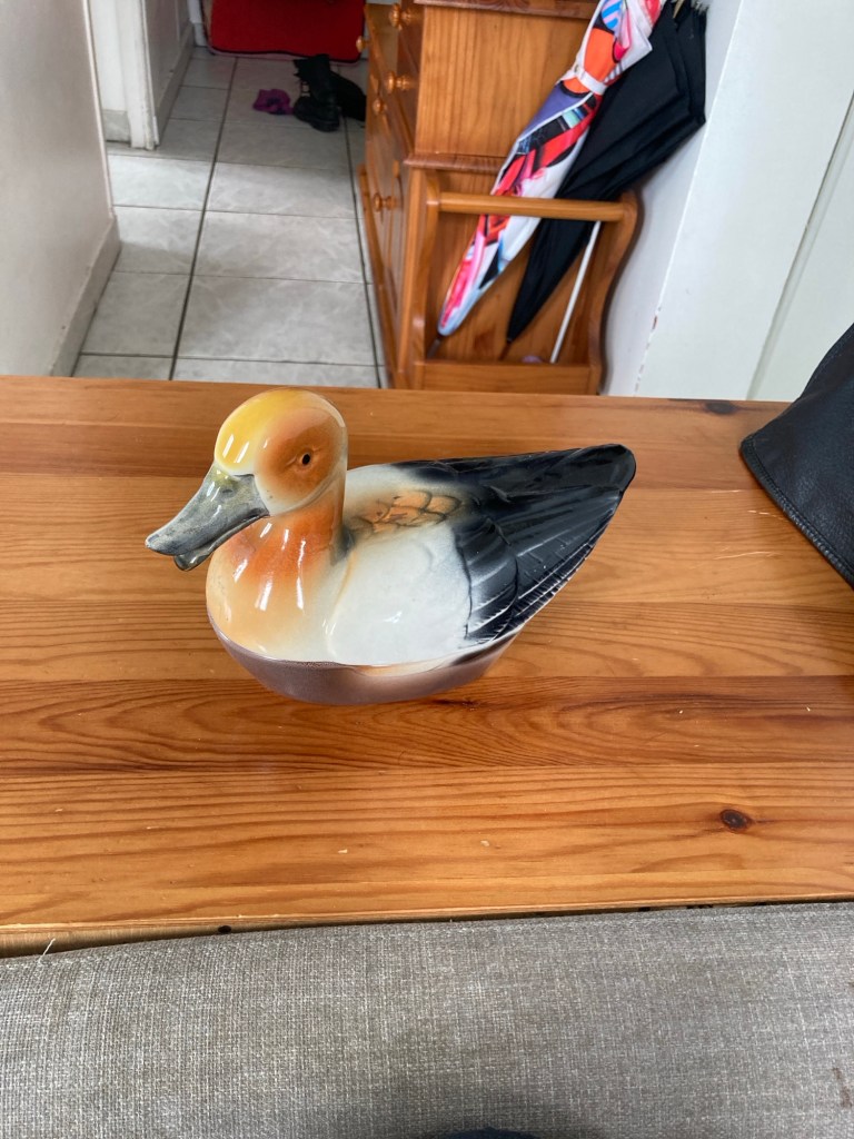 Un pot de céramique en forme de canard. Le couvercle a l’aspect d’un corps de canard: tête à gauche, corps avec ailes au milieu et queue à droite.